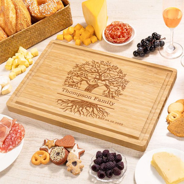 Gepersonaliseerde Family Life Tree 2-20 Namen FSC Bamboo Charcuterie Snijplank met Sap Groove Moederdag Housewarming Gift voor Familie