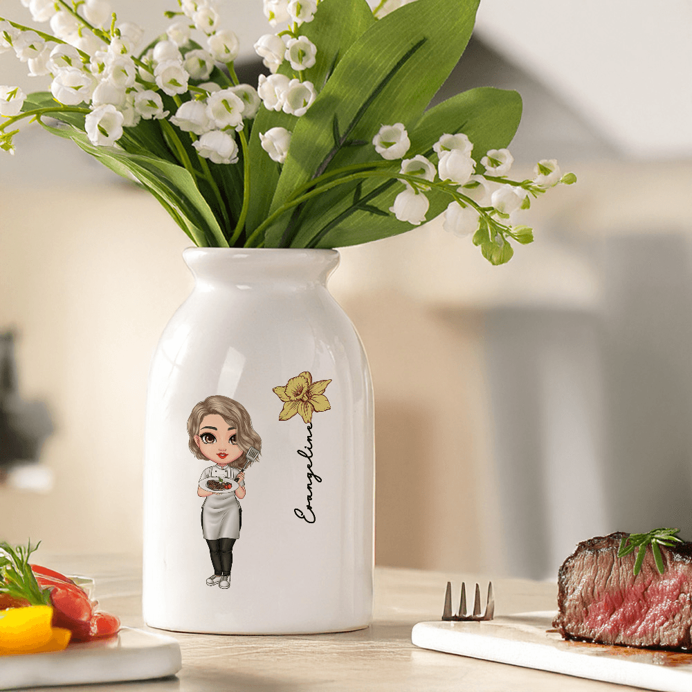 Personalized Cooking Mama Clipart Ceramic Vase with Birth Flower and Name, Home Decor, Mother's Day/Birthday Gift for Women/Cooking/Baking Lovers