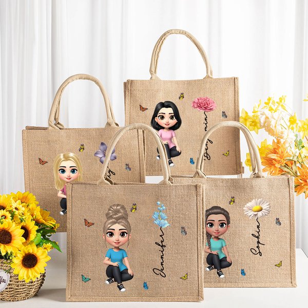 Personlig 3D fødselsblomst Søt tegneserie jente Jute Tote Bag med navn Reisetilbehør Bursdag Jubileumsgave til kvinner
