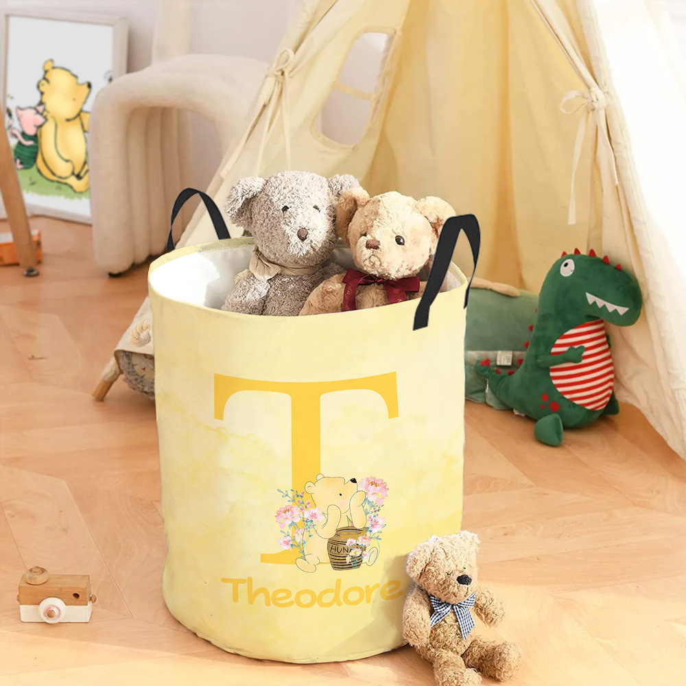 Personalized Classic Winnie the Pooh Initial Waterproof Laundry Storage Basket with Name and Handle Nursery Decor Birthday Gift for Kids