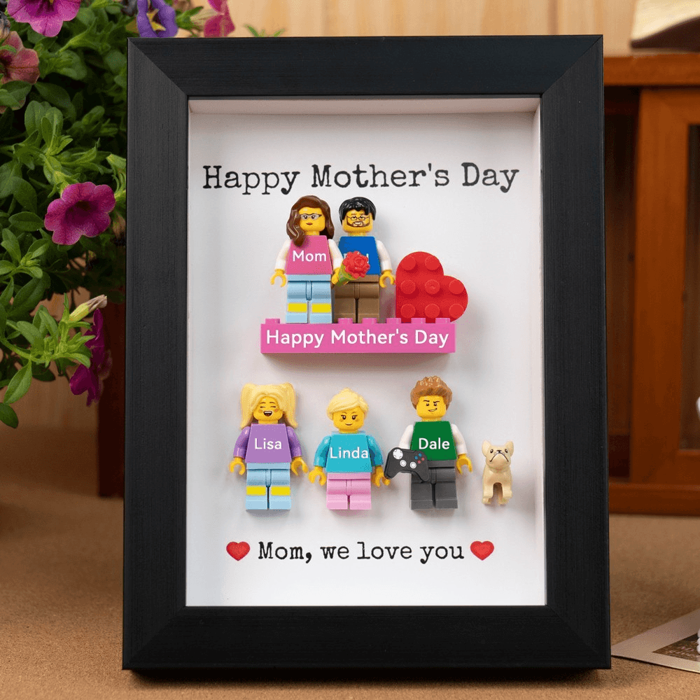 Personalized 1-4 Brick Figures Photo Frame with Name, Family Portrait Building Block Decoration, Happy Mother's Day Gift for Mom/Grandma