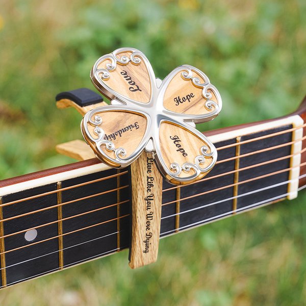 Personalised Four Leaf Clover Guitar Picks Capo Wooden Box Set with Text Guitar Accessory Birthday for Guitar Player Music Lover