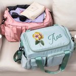 Birth Month Flower - Personalized Travel Duffel Bag, Multi-compartment Waterproof Nylon with Name and Shoulder Strap - Gift for Women