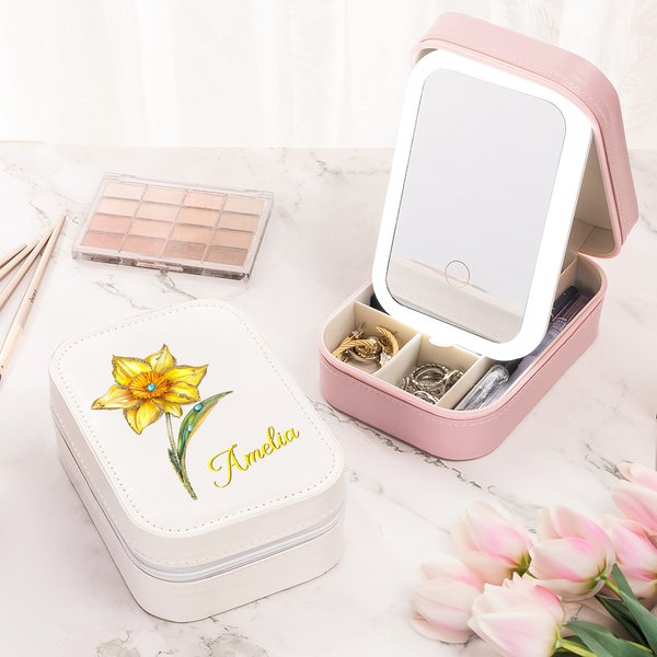 Personalized Dainty Birth Flower Leather Jewellery Box with Name and LED Three-Colour Adjustable Makeup Mirror Wedding Birthday Gift for Women Girls