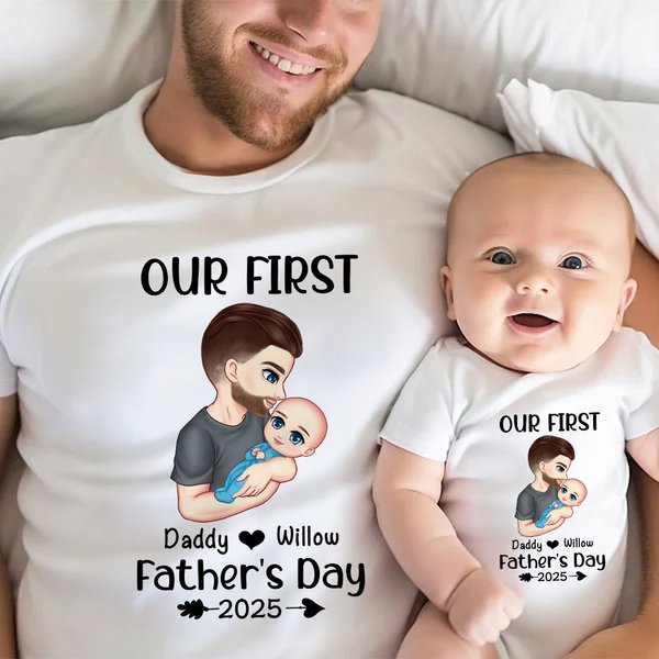 Personalized Our First Father's Day Cartoon Character 100% Cotton Baby Bodysuit T-shirt with Name and Year Family Outfits Birthday Gift for Dad Baby