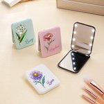 Personalized Retro Birth Flower Portable Double-Sided Makeup Mirror with LED Light and Name Anniversary Birthday Gift for Women Girls