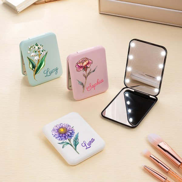 Personalized Retro Birth Flower Portable Double-Sided Makeup Mirror with LED Light and Name Anniversary Birthday Gift for Women Girls