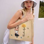 Personlig 3D fødselsblomst Søt tegneserie jente Jute Tote Bag med navn Reisetilbehør Bursdag Jubileumsgave til kvinner