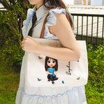 Personalisierte 3D Geburt Blume Cartoon Mädchen große Canvas Tote Bag mit Namen und Ledergriff Reise Essentials Geburtstag Geschenk für Frauen Mädchen