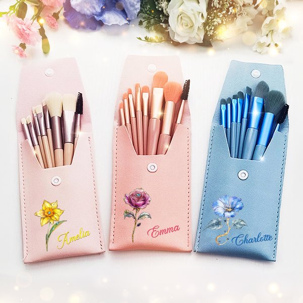 Personalized Retro Oil Painting Birth Flower Name Makeup Brush Bag with 8 Pcs Makeup Brushes Anniversary Party Birthday Gift for Women