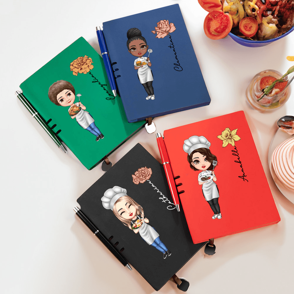 Personalized Cooking Mama Clipart Recipe Book & Pen Set with Birth Flower and Name, Mother's Day/Birthday Gift for Women/ Cooking Lover