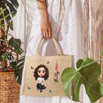 Personlig 3D fødselsblomst Søt tegneserie jente Jute Tote Bag med navn Reisetilbehør Bursdag Jubileumsgave til kvinner