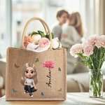 Personlig 3D fødselsblomst Søt tegneserie jente Jute Tote Bag med navn Reisetilbehør Bursdag Jubileumsgave til kvinner