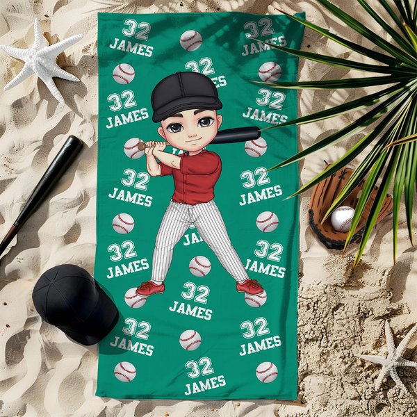 Personalised Ball Sports Cartoon Character Oversized Quick Dry Microfiber Beach Towel with Name and Number Travel Essential Team Gift for Sports Lover