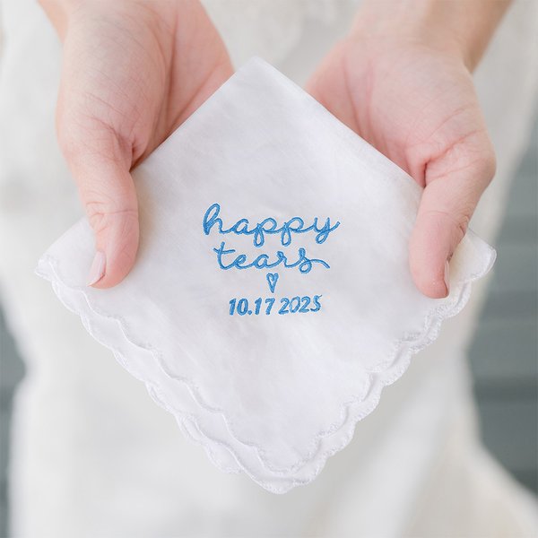 Personalised Happy Tears 100% Cotton Square Scalloped Edge Handkerchief with Embroidered  Date and Heart Wedding Bridal Party Gift for Bride Groom