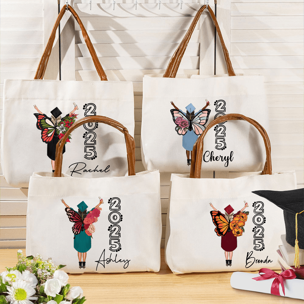 Custom Birth Flower Butterfly Graduate Character Tote Bag with Name Year, Leather Handle Large Capacity Canvas Bag, Graduation Gift for Graduate/Women
