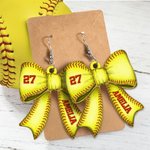 Personalized Creative Football Baseball Softball Sport Bow Acrylic Earrings with Name and Number Game Day Birthday Gift for Ball Sports Lovers