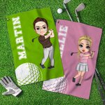 Personalised Cartoon Golf Character Name Waffle Golf Towel with Hanging Clip Sports Accessories Birthday Gift for Family Friends