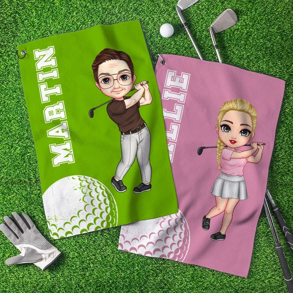Personalised Cartoon Golf Character Name Waffle Golf Towel with Hanging Clip Sports Accessories Birthday Gift for Family Friends