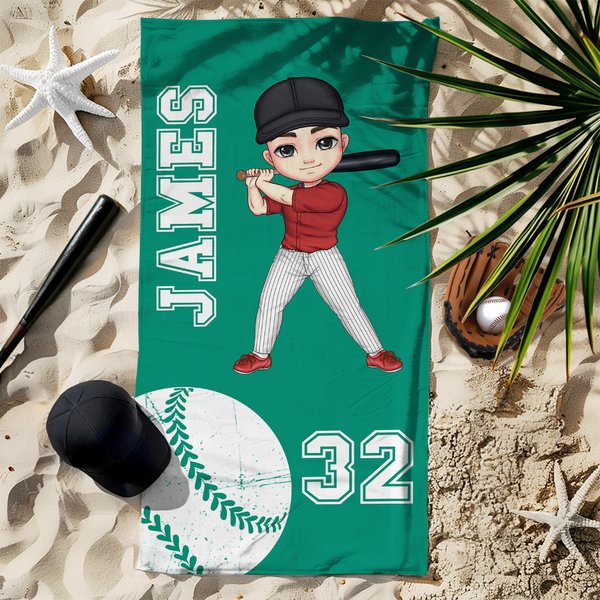 Personalized Softball Baseball Cartoon Character Quick Dry Soft Oversized Beach Towel with Name and Number Beach Party Travel Gift for Sports Lover
