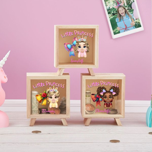 Gepersonaliseerd Cartoon Kleine Prinses Coquette Strik Duidelijke Houten Spaarpot met Naam Bureau Decor Verjaardagskinderdag Cadeau voor Meisjes