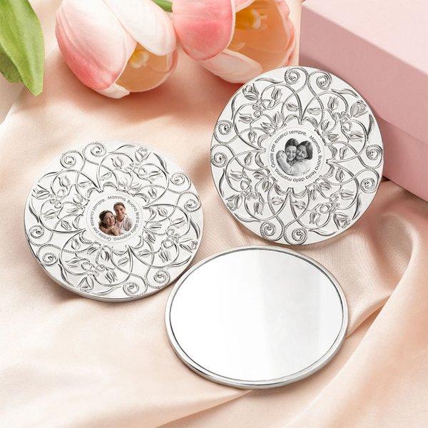 Specchio da trucco tascabile personalizzabile ad incisione floreale con tulipano e motivi vintage regalo di Festa della Mamma per donne per mamme