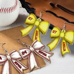 Personalized Creative Football Baseball Softball Sport Bow Acrylic Earrings with Name and Number Game Day Birthday Gift for Ball Sports Lovers