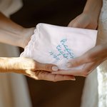 Personalised Happy Tears 100% Cotton Square Scalloped Edge Handkerchief with Embroidered  Date and Heart Wedding Bridal Party Gift for Bride Groom