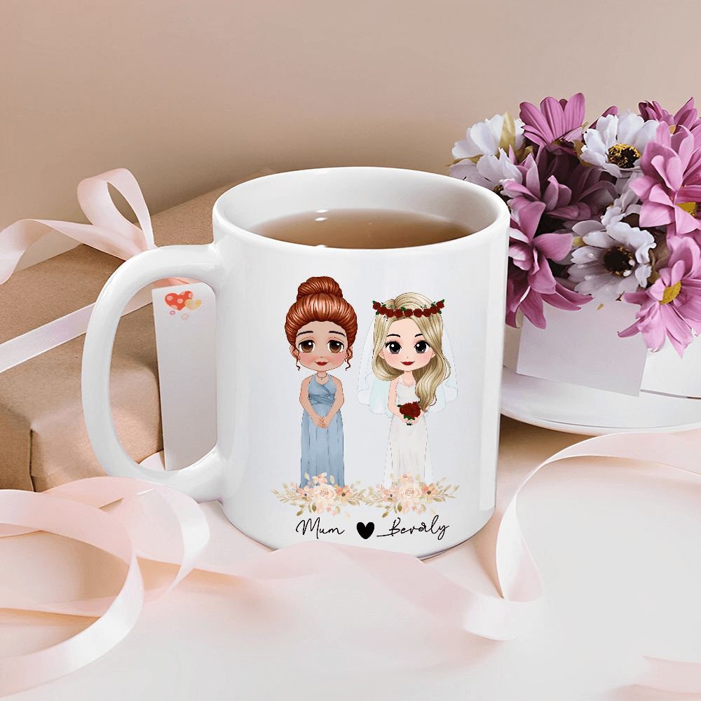 Custom Cartoon Bride & Mom Characters Floral Ceramic Mug with Name Date, 11oz Two Tone Coffee Tea Cup, Wedding/Bridal Shower Gift for Mother of Bride