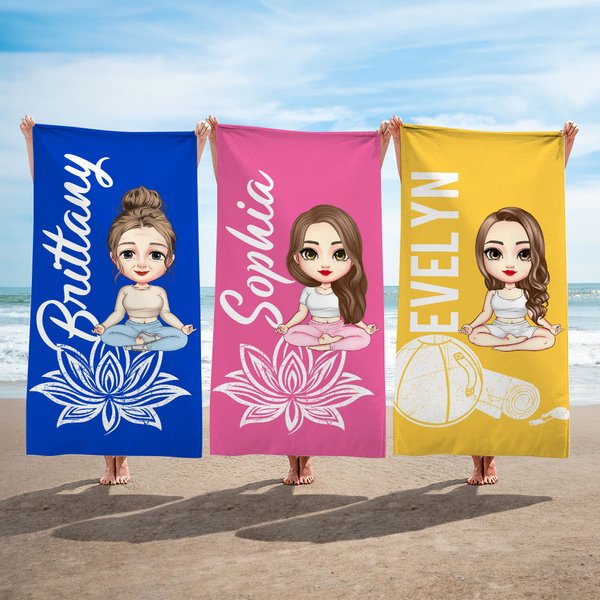 Personalized Cartoon Yoga  Character Oversized Quick Dry Beach Towel with Name Summer Essentials Beach Party Birthday Gift for Yoga Lovers Women Girls