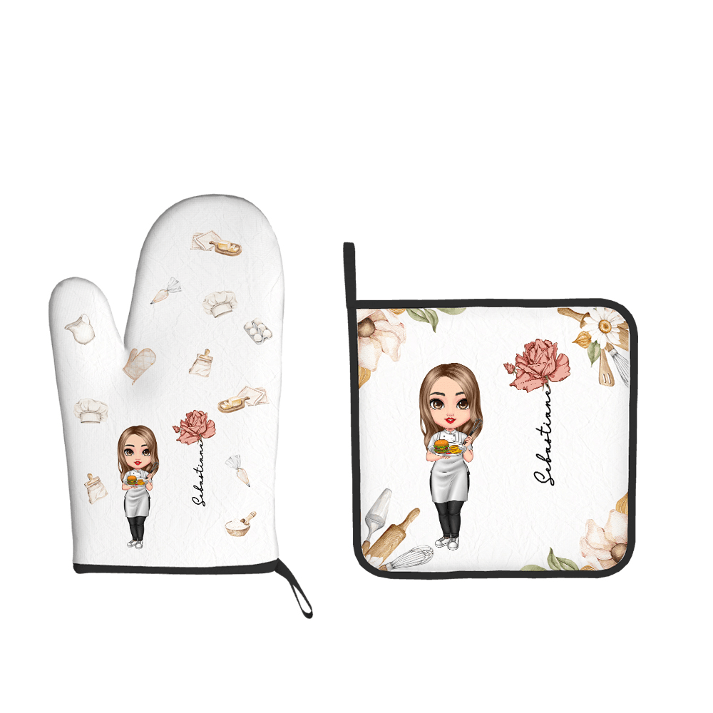Personalized Cooking Mama Clipart Kitchen Insulation Oven Mitt and Potholder Set with Birth Flower and Name, Mother’s Day Gift for Women/Baking Lovers