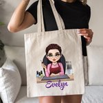 Personlig söt tecknad manikyrist karaktär Canvas Tote väska med namn skönhetssalong öppning födelsedagspresent för nageltekniker