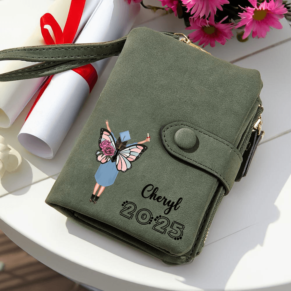 Custom Name Birth Flower Butterfly Graduate Character Wallet, PU Leather Wallet with Card Slots and Wrist Strap, Graduation Gift for Graduates/Her