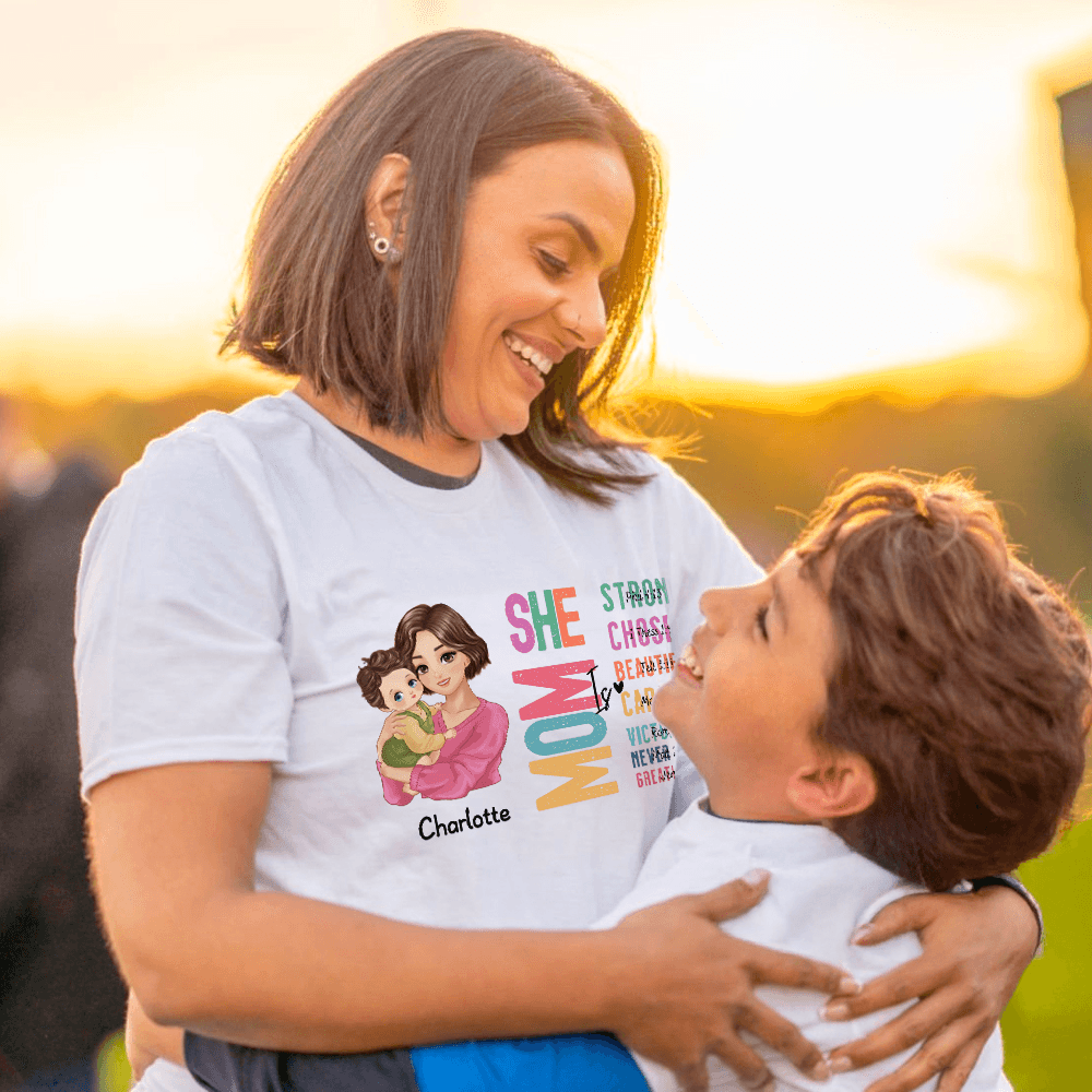 Personalized Mom and Baby Cartoon Character Bible Verses T-shirt with Name, She Is Mom Christian T-shirt, Mother's Day Gift for Mom/Grandma/Her