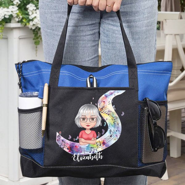 Personalized Watercolor Stave Musical Note Cartoon Character Oxford Tote Bag with Name and Mesh Pocket Birthday Anniversary Gift for Women