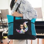 Personalized Watercolor Stave Musical Note Cartoon Character Oxford Tote Bag with Name and Mesh Pocket Birthday Anniversary Gift for Women
