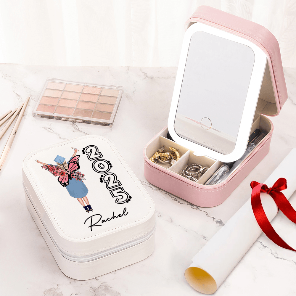 Custom Name Birth Flower Butterfly Graduate Character Leather Jewelry Box with Three-Color Adjustment LED Light Mirror, Graduation Gift for Women