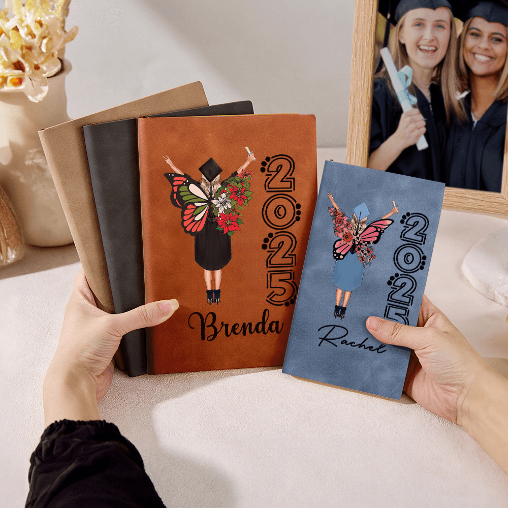 Custom Birth Flower Butterfly Graduate Character Notebook with Name, A5/A6 Leather Journal, High School/College Graduation Gift for Graduates/Her