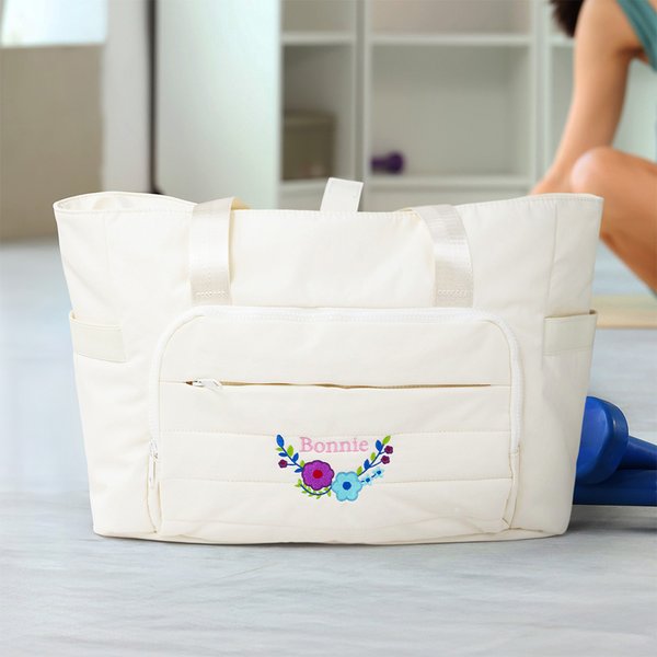 Henkilökohtainen Floral Bow Multi-lokeroinen matkalaukku, jossa on kirjailtu nimi ja joustava hihna Fitness Accessory Syntymäpäivälahja naisille Joogan ystäville
