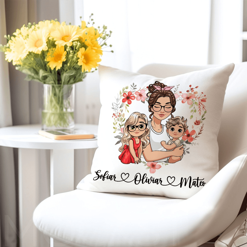 Personalized Mom and Kid Cartoon Character Pillow Cover with Heart Wreath, Custom Name Pillow Case, Home Decor, Mother's Day Gift for Mom/Kid/Her