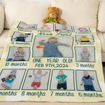 Couverture douce personnalisée avec photos de bébé de 1 à 12 mois avec nom et date Décoration de chambre Cadeau d'anniversaire pour bébé