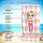 Personalized Cartoon Character Striped Plaid Oversized Quick Dry Beach Towel with Name Summer Vacation Essential Birthday Gift for Family Friends