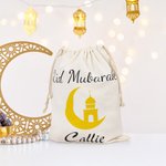 Personalised Eid Mubarak Moon Drawstring Canvas Treat Bag with Name Ramadan Stocking Stuffer Eid Gift for Kids