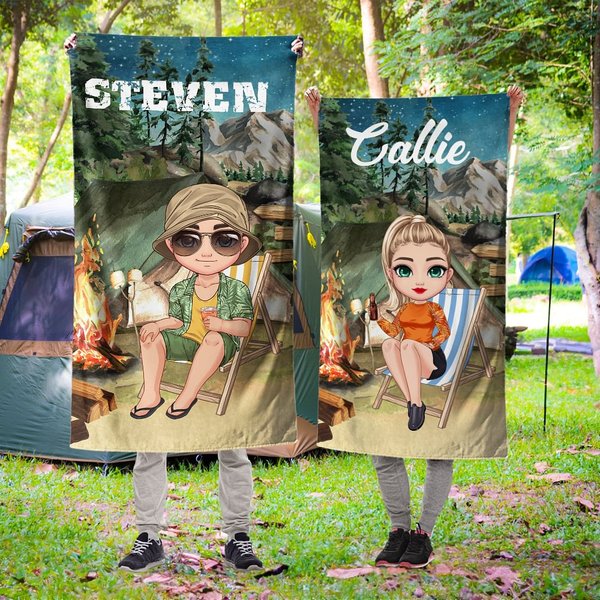 Spersonalizowany ręcznik plażowy My Campfire Tent Cartoon Character Szybkoschnący ręcznik plażowy z mikrofibry z imieniem Letnia plaża Niezbędny prezent urodzinowy dla rodziny