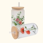 Personalised Watercolour Family Birth Flower Bouquet Can Shaped Glass Cup with Bamboo Lid and Straw Birthday Mother's Day Gift for Mom Grandma