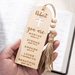 Segnalibro personalizzato in legno con nome inciso e nappe di perline Compleanno religioso Battesimo per la famiglia Cristiani