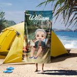 Spersonalizowany ręcznik plażowy My Campfire Tent Cartoon Character Szybkoschnący ręcznik plażowy z mikrofibry z imieniem Letnia plaża Niezbędny prezent urodzinowy dla rodziny