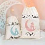 Personalised Eid Mubarak Moon Drawstring Canvas Treat Bag with Name Ramadan Stocking Stuffer Eid Gift for Kids