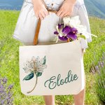 Personalized Retro Birth Flower Gemstone Name Large Capacity Canvas Bag with Leather Handle Birthday Mother's Day Bridal Shower Gift for Women