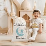 Personalised Eid Mubarak Moon Drawstring Canvas Treat Bag with Name Ramadan Stocking Stuffer Eid Gift for Kids